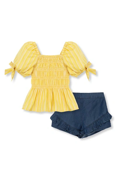Shop Habitual Kids' Stripe Smocked Top & Chambray Shorts Set In Yellow
