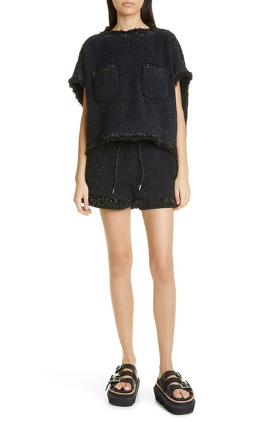 Sacai Metallic Fringe Tweed Pull-on Shorts In Black