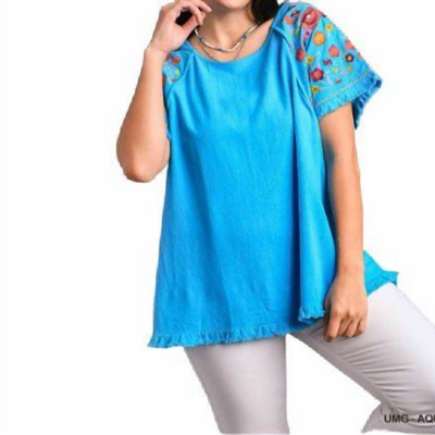 Shop Umgee Linen Plus Top With Embroidered Sleeves In Blue