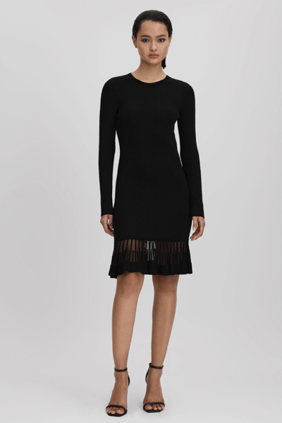 Shop Reiss Teagan - Black Knitted Sheer Flared Mini Dress, L