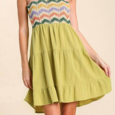 Shop Umgee Linen Blend Strapless Tiered Dress With Crochet Overlay In Green