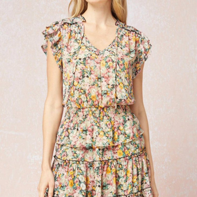 Shop Entro Floral Smocked Tiered Dress In Yellow