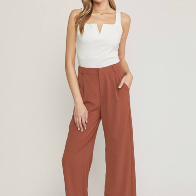 Shop Entro High Waisted Full Leg Pants With Pockets In Brown