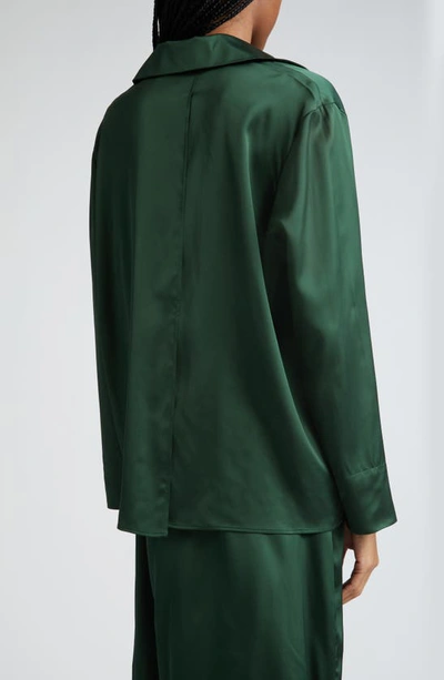 Shop Jacquemus La Chemise Notte Logo Charm Open Front Stretch Satin Blouse In Dark Green