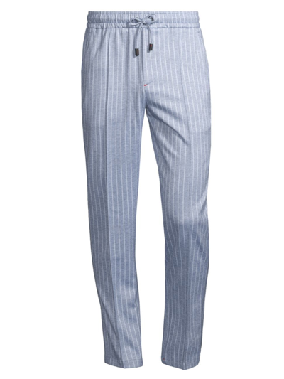 Shop Isaia Men's Striped Cotton-linen Drawstring Pants In Blue Stripe