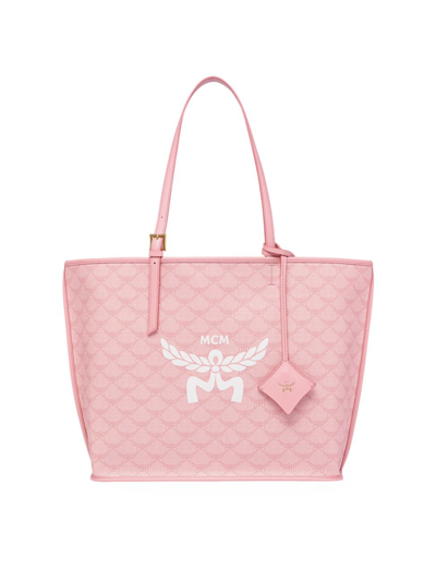 Shop Mcm Women's Medium Himmel Coated Canvas Shopper Bag In Silver Pink