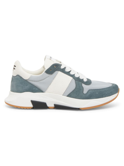 Shop Tom Ford Men's Jagga Leather & Textile Low-top Sneakers In Silver Petrol Blue White