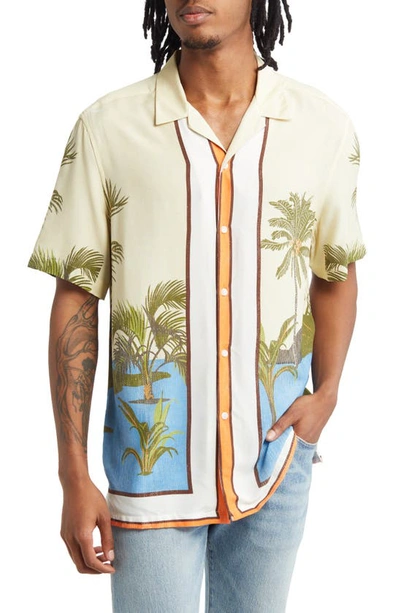 Shop Topman Border Palm Print Short Sleeve Button-up Shirt In Yellow