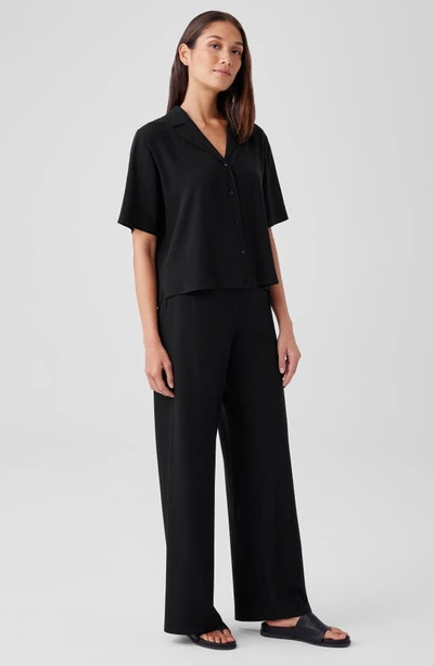 Shop Eileen Fisher Short Sleeve Silk Button-up Shirt In Black