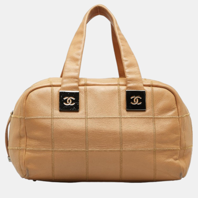 Pre-owned Chanel Brown Leather Choco Bar Leather Boston Bag Handbag