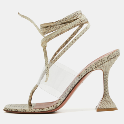 Pre-owned Amina Muaddi Brown/beige Embossed Snakeskin And Pvc Zula Sandals Size 40