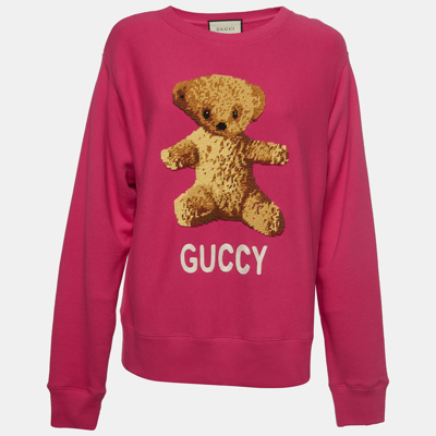 Pre-owned Gucci Pink Cotton Knit Embroidered Teddy Sweatshirt M
