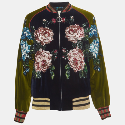 Pre-owned Gucci Navy Blue/green Floral Sequined Bomber Jacket M