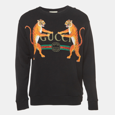 Pre-owned Gucci Black Logo Tiger Printed Cotton Knit Sweatshirt S