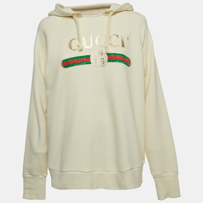Pre-owned Gucci Cream Logo Print Embroidered Cotton Knit Hoodie Xs