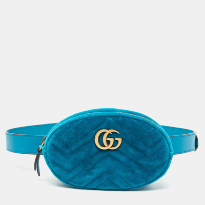 Pre-owned Gucci Teal Green Matelassé Velvet Gg Marmont Belt Bag