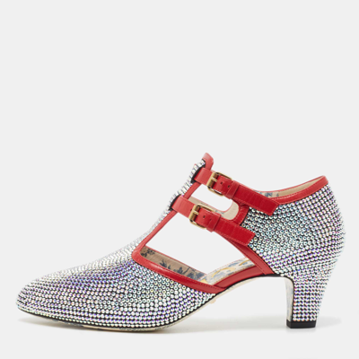 Pre-owned Gucci Metallic/red Crystal Embellished Fabric And Leather T-bar Pumps Size 40.5