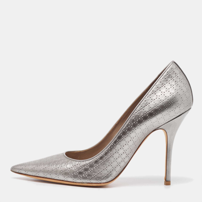 Pre-owned Dior Metallic Grey Micro Cannage Patent Leather Cherie Pointed Toe Pumps Size 40 In Silver