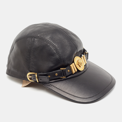 Pre-owned Versace Tribute Black Leather Medusa Medalion Baseball Cap Size 57