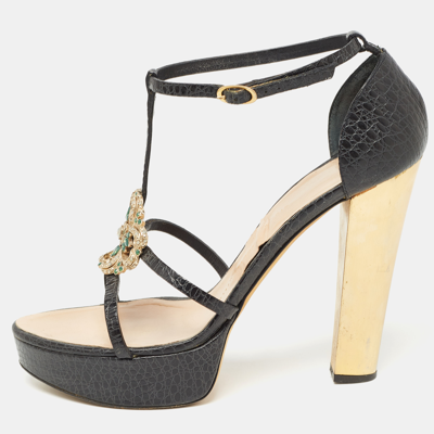 Pre-owned Giuseppe Zanotti Black Croc Embossed Embellished Ankle Strap Sandals Size 39.5