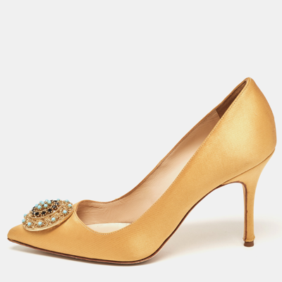 Pre-owned Manolo Blahnik Mustard Yellow Satin Embellished Brooch Pumps Size 36