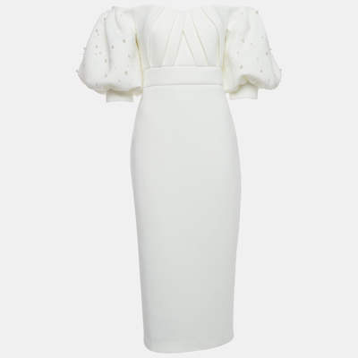 Pre-owned Badgley Mischka Ivory Jersey Off-shoulder Embellished Midi Dress L In White