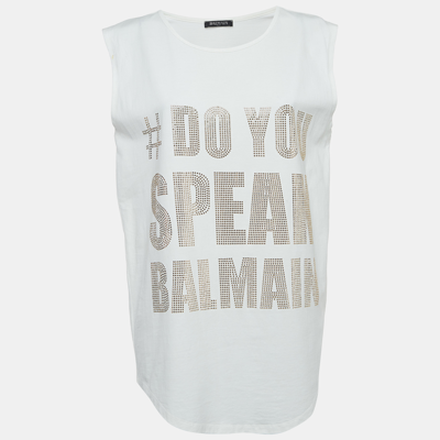Pre-owned Balmain Off-white Slogan Studded Cotton Tank Top S