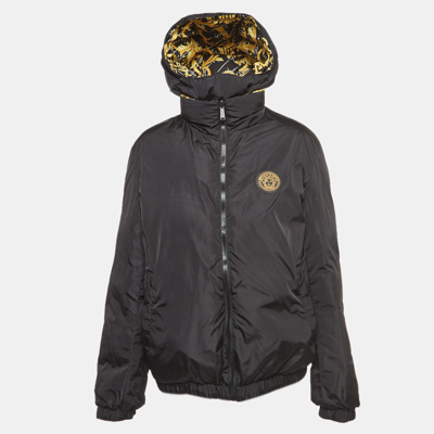 Pre-owned Versace Black/yellow Baroque Print Nylon Reversible Puffer Jacket L