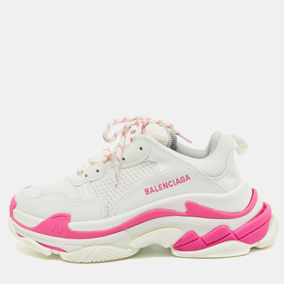 Pre-owned Balenciaga White/pink Faux Leather And Mesh Triple S Sneakers Size 39