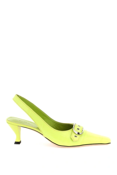 Shop By Far Croco Embossed Slingback Pumps In Green