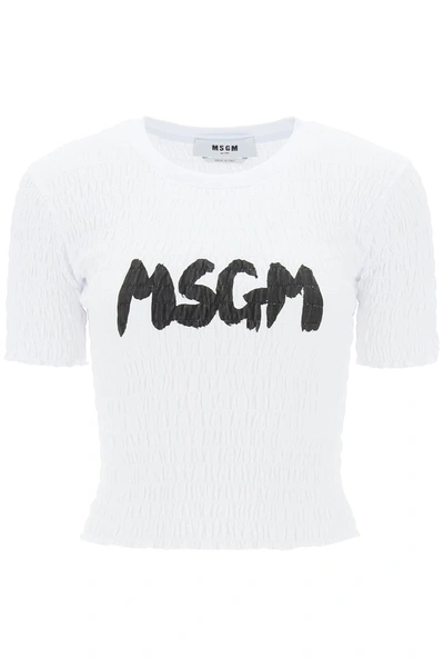 Shop Msgm Smocked T Shirt With Logo Print In White