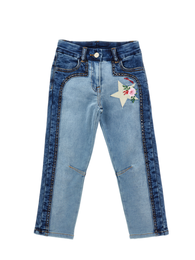 Shop Monnalisa Embroidered Fleece Jeans In Blustone + Stonebleach