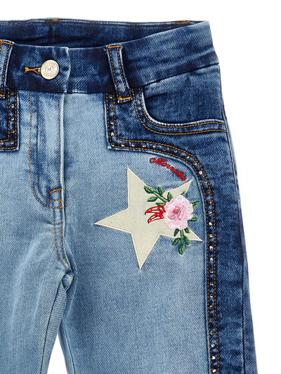 Monnalisa Embroidered Fleece Jeans In Blustone + Stonebleach