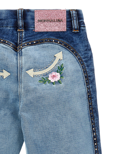 Monnalisa Embroidered Fleece Jeans In Blustone + Stonebleach