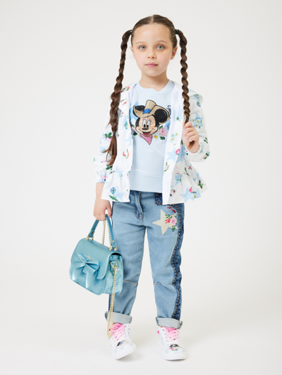 Monnalisa Embroidered Fleece Jeans In Blustone + Stonebleach