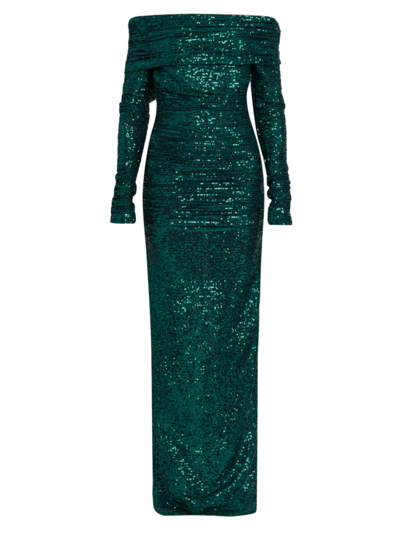 Shop Dolce & Gabbana Women's Sequined Off-the-shoulder Column Gown In Verde Scurissimo