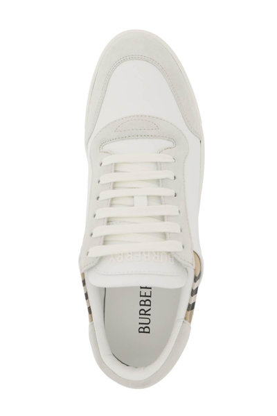 Shop Burberry Check Leather Sneakers