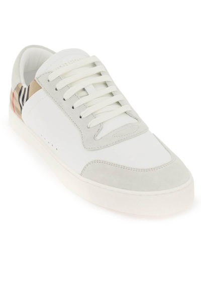 Shop Burberry Check Leather Sneakers
