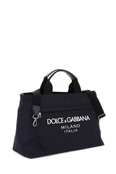 Shop Dolce & Gabbana Rubberized Logo Nylon Duffle Bag