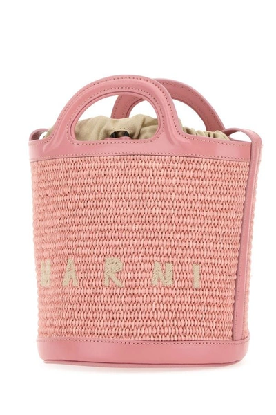 Shop Marni Woman Pink Leather And Raffia Tropicalia Bucket Bag