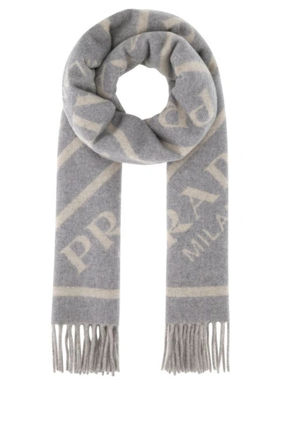 Shop Prada Woman Embroidered Cashmere Reversible Scarf In Gray