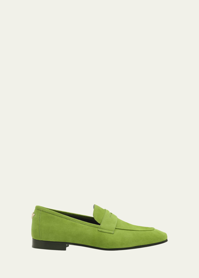 Shop Bougeotte Suede Flat Penny Loafers In Green 10957
