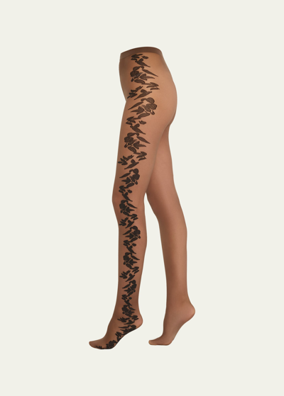 Shop Wolford Sheer Floral Intarsia Tights In Umber/black