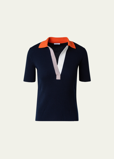 Shop Akris Punto Ribbed Knit Wool Polo Top With Colorblock Collar In Navy-multicolor