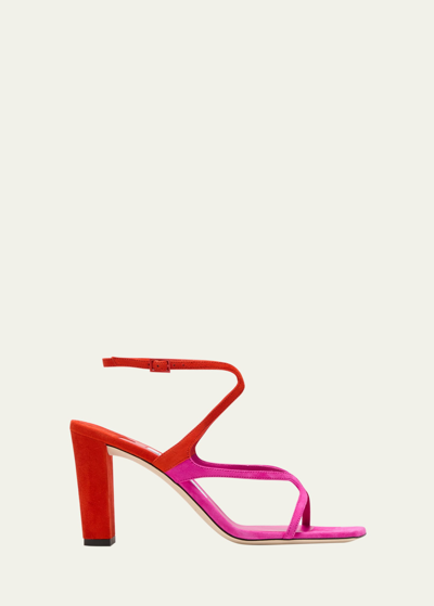 Shop Jimmy Choo Azie Bicolor Suede Ankle-strap Sandals In Fuchsia/paprika