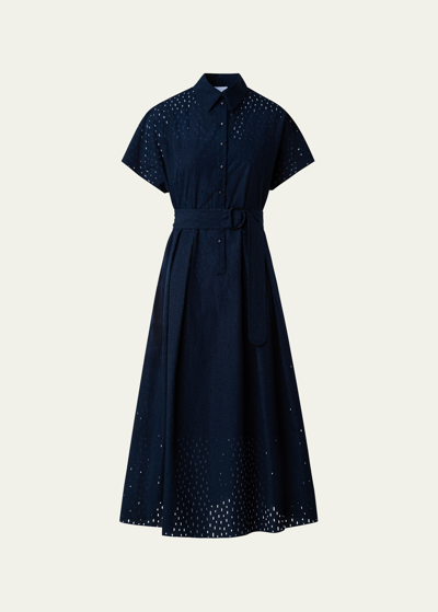Shop Akris Punto Lasercut Grid Cotton Poplin Dress With Belt In Navy