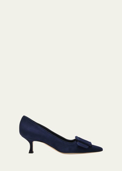 Shop Manolo Blahnik Maysale Suede Buckle Pumps In Navy