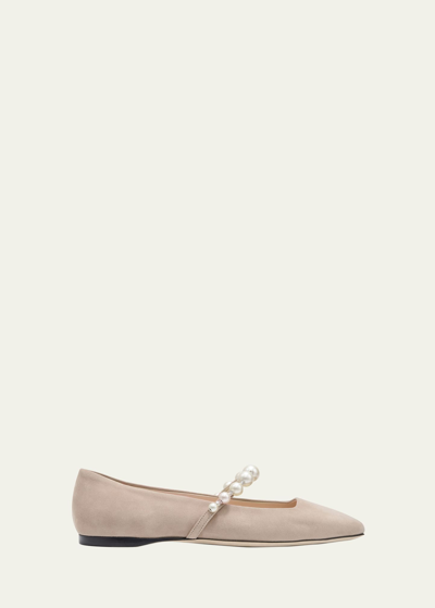 Shop Jimmy Choo Ade Suede Pearly-strap Ballerina Flats In Ballt Pnk/white