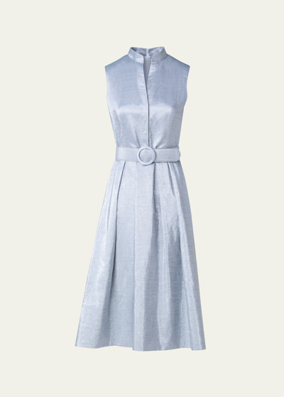 Shop Akris Punto Metallic Cotton Belted Midi Dress In Silver Blue