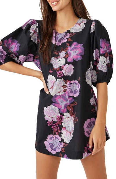 Shop Free People Maye Floral Puff Sleeve Cotton Poplin Tunic Top In Midnight Combo